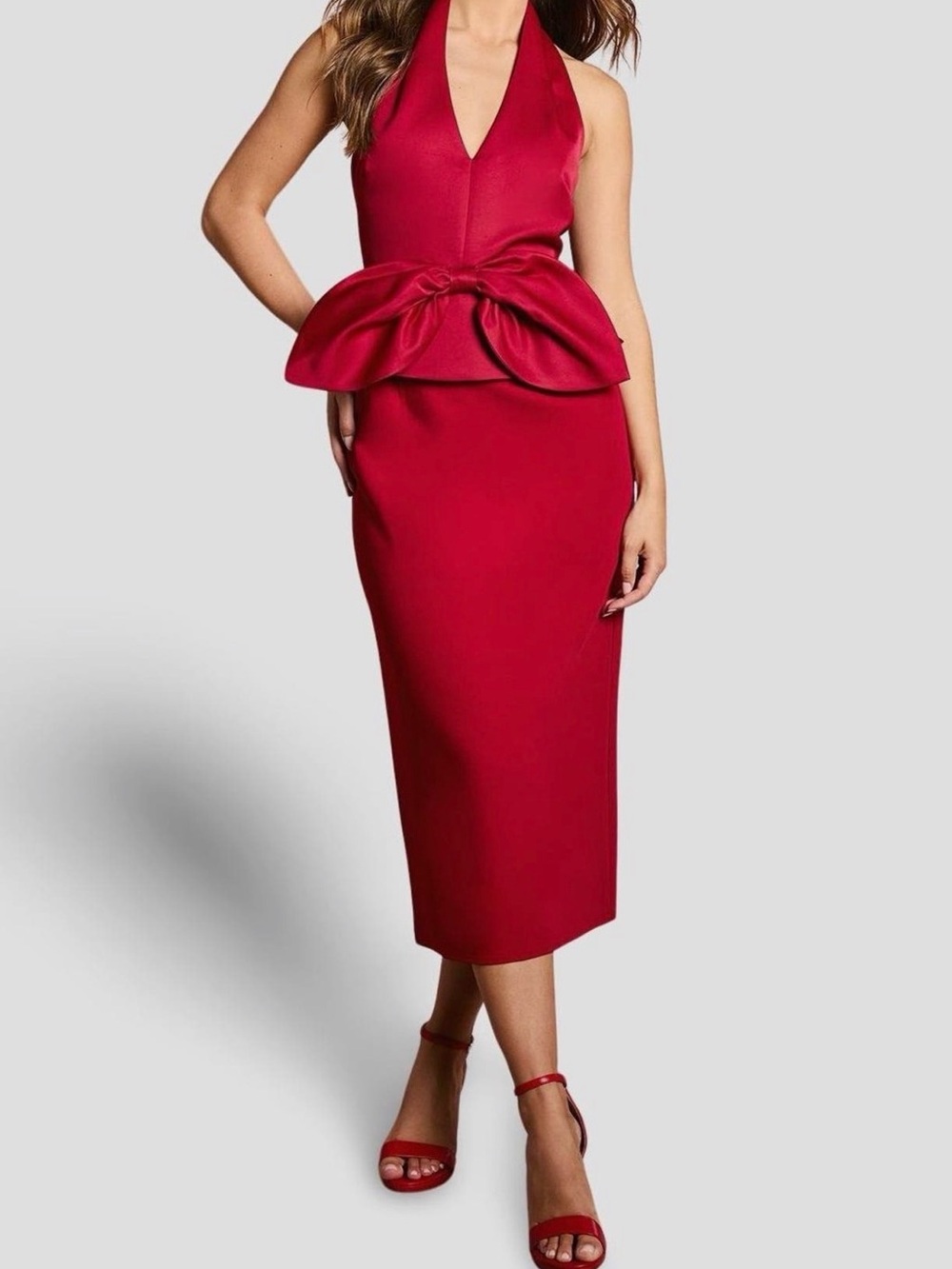 Red Halter Midi Skirt with Sculpted Peplum Bow